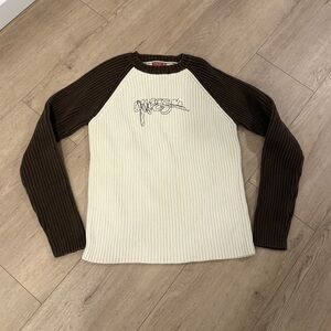 Vintage Y2K Guess Men's Cream and‎ Brown Sweater Large